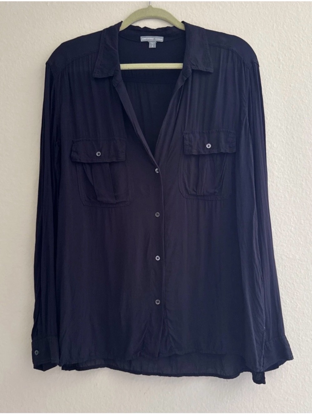James Perse LA Blue Viscose Utility Button Up Shirt Blouse Made in USA Sz 3